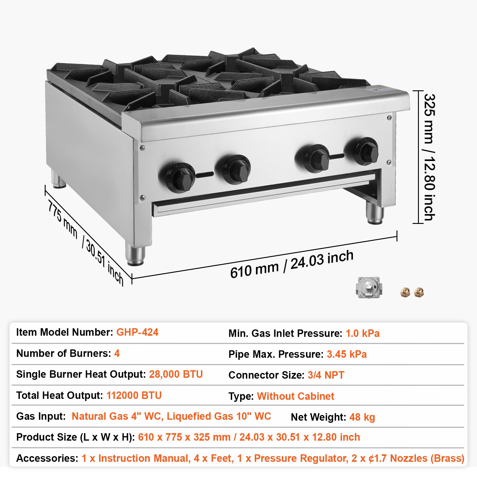 Uimoso Commercial Gas Range Stove with 4 Burners for Countertop Cooking
