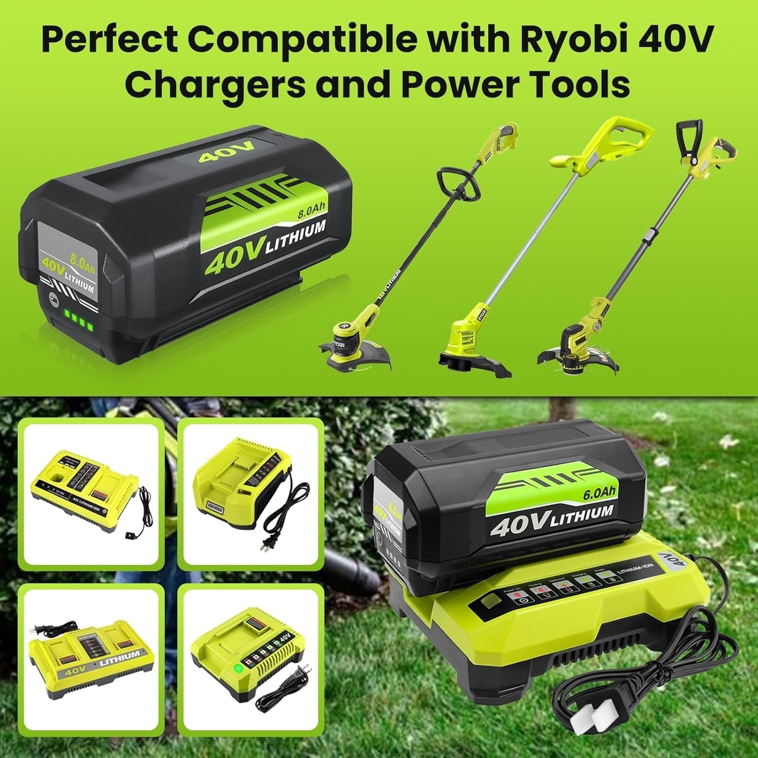 2 Pack 8.0Ah Battery 40 Volt for Ryobi 40V Lithium Ion OP40602 Battery with LED