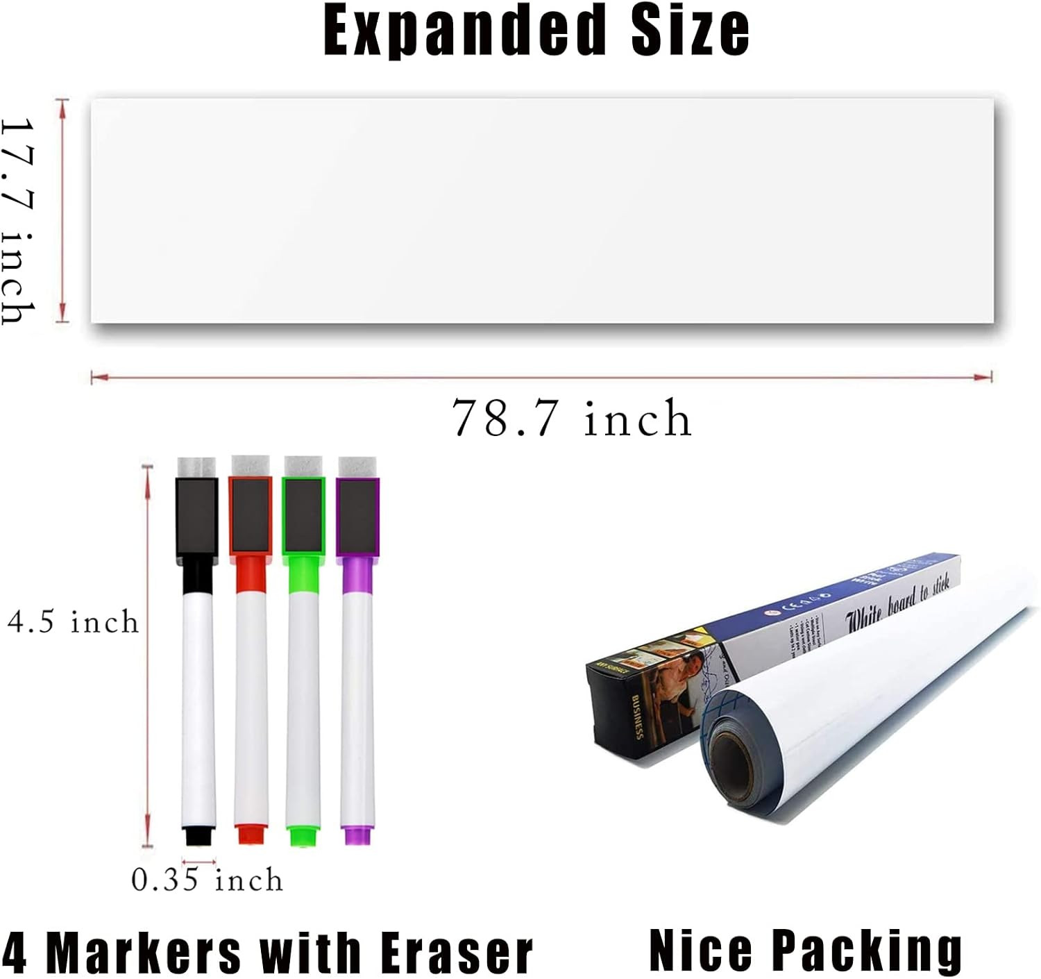 Self Adhesive Dry Erase Whiteboard Paper Roll 17.7″ x 78.7″ with 4 Markers