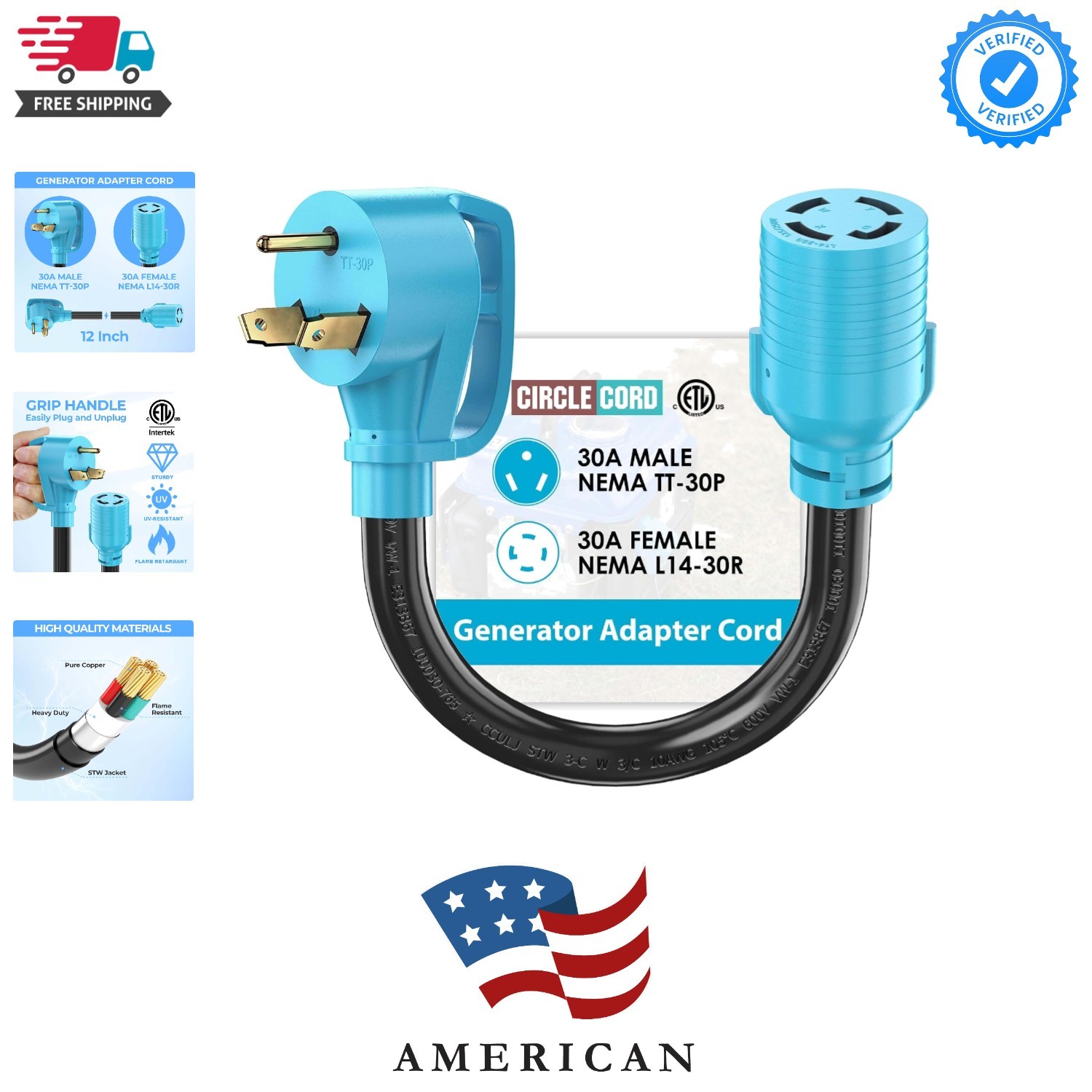 NEMA TT-30P to L14-30R Adapter Cord, 30 Amp 3 Prong to 4 Prong Generator Plug…
