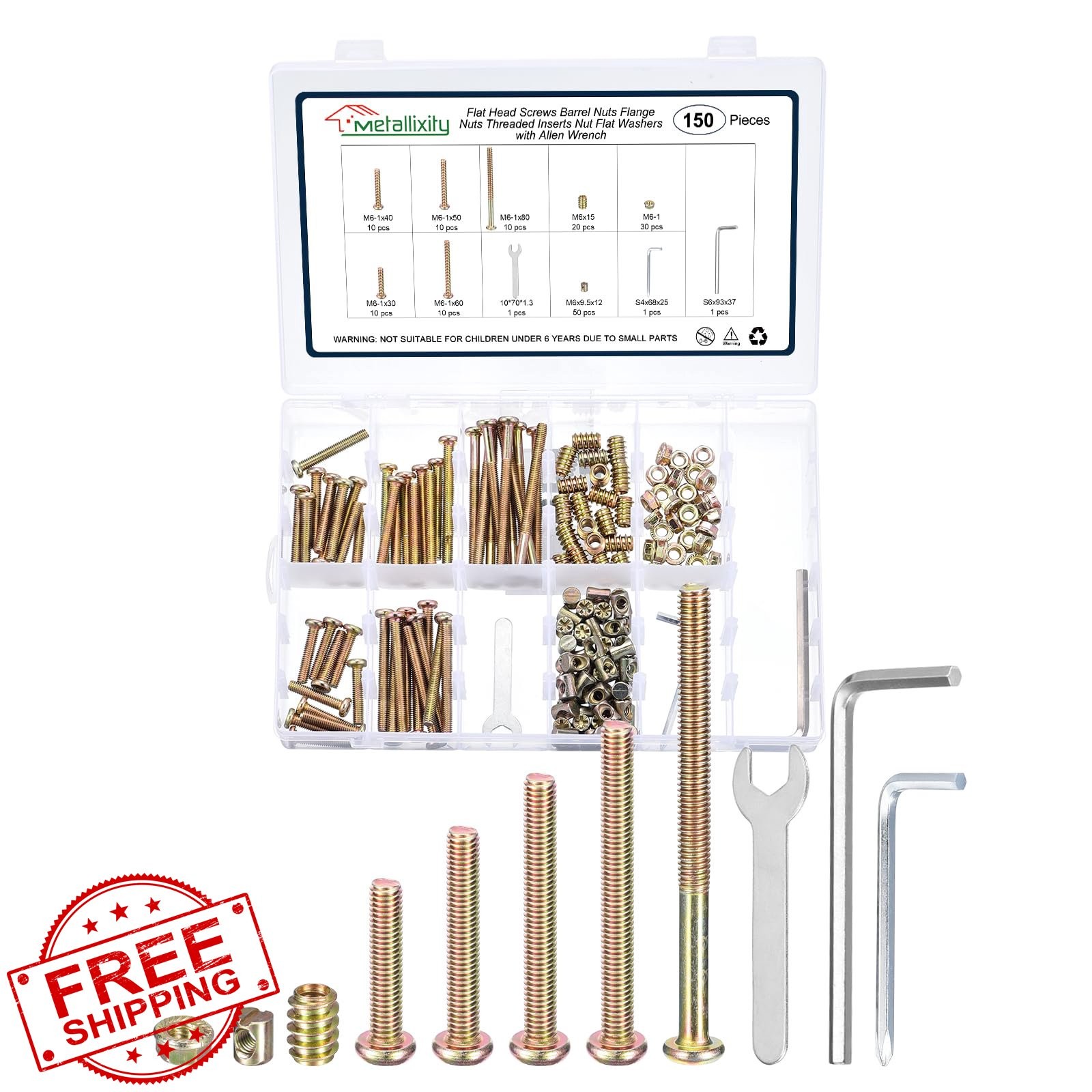 METALLIXITY Crib Screws M6-1×30-80mm Yellow 150 Pcs