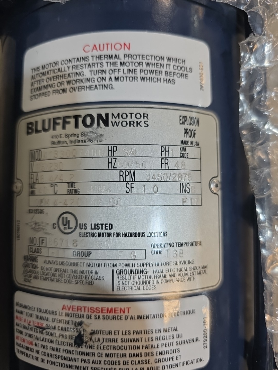 Bluffton 4133007406 3/4hp Explosion Proof Motor 1 Phase 115/230v 3450/2875 RPM