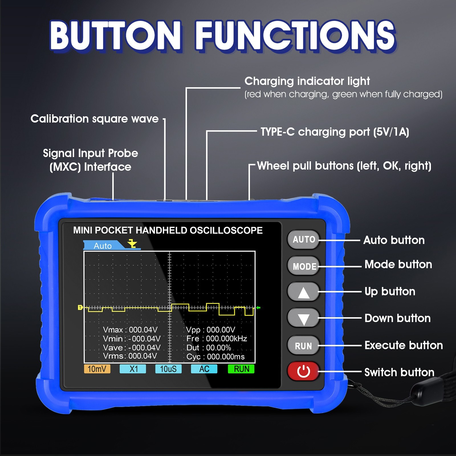 Handheld Multifunctional Digital oscilloscope 500kHz 2.5MS/s 2.8″ HD LCD