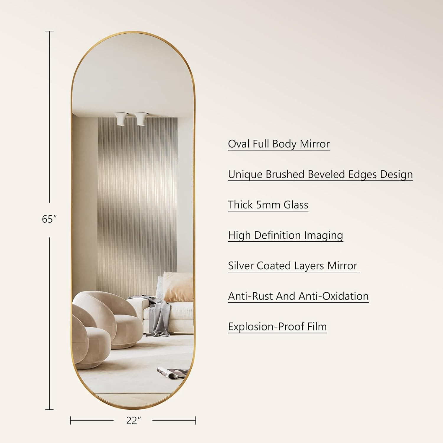 Oval Full Length Mirror, 65″×22″ Wall-Mounted Floor Mirror with Metal Frame, Ult