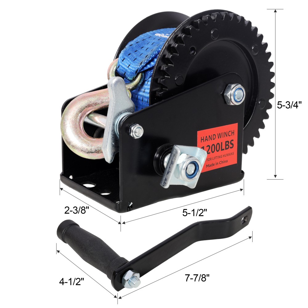 1200LBS Hand Winch with 19.6FT Blue Strap, 4.1:1 Gear Ratio, Two-Way Ratchet,…