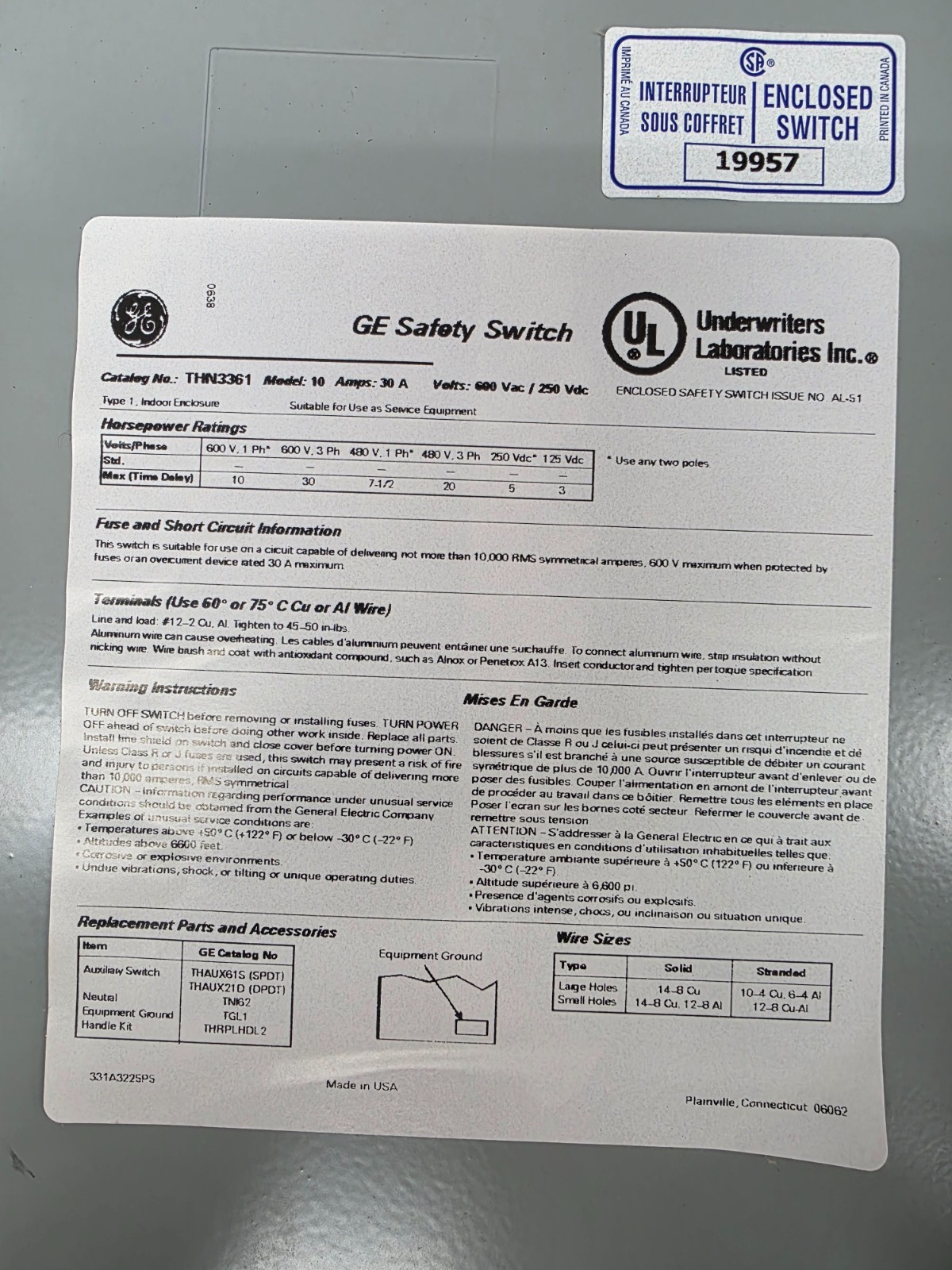 NOS GE THN3361 30 Amp Safety Disconnect Switch 3 Pole Indoor 600V Model 10