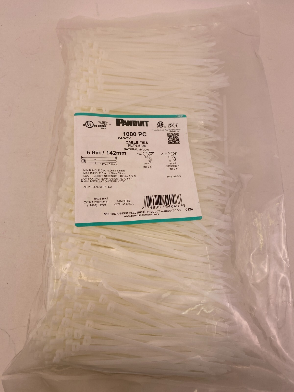 Panduit PLT1.5I-M Cable Ties 6″(5.6″) Long 40lb Tensile Strength, 1000/Bag