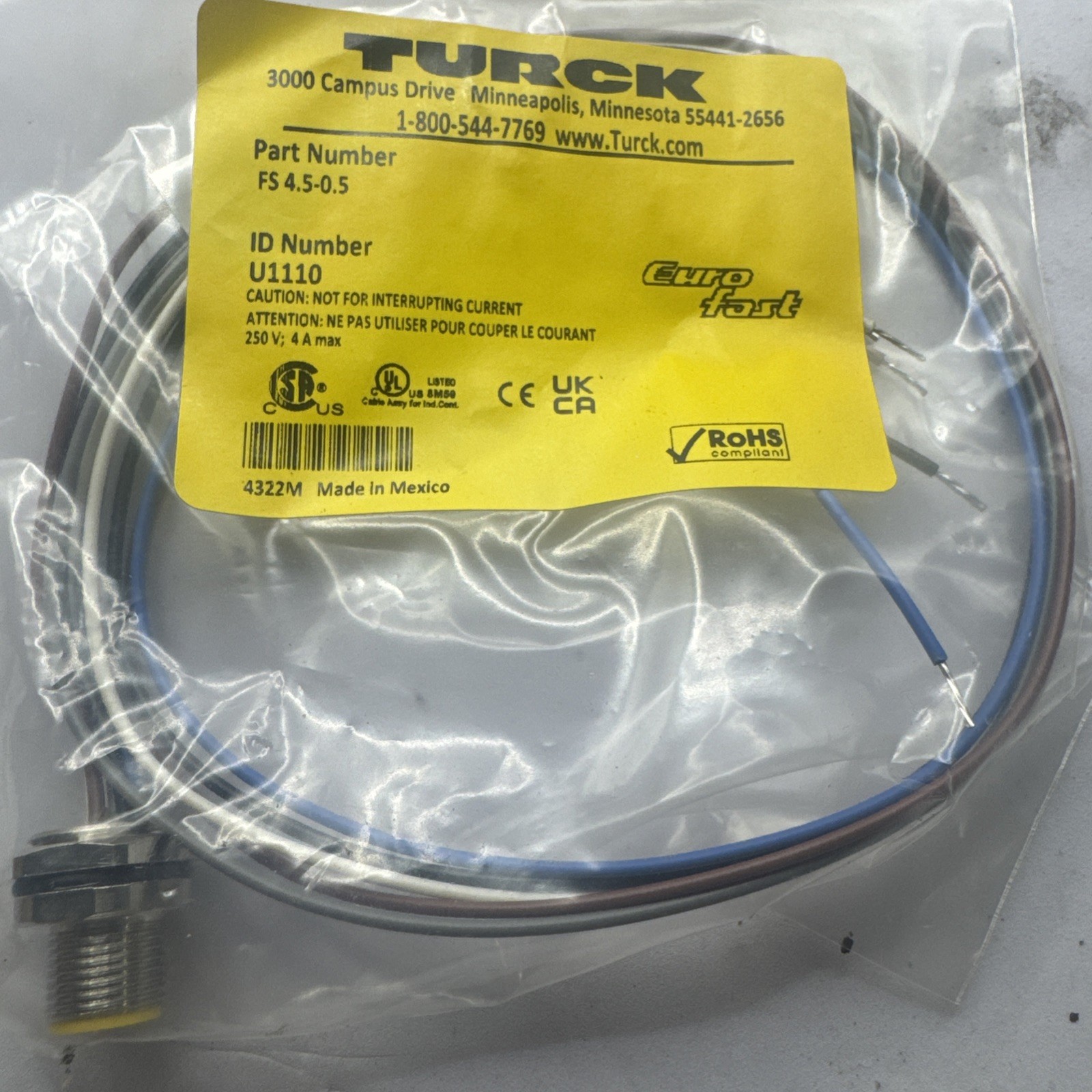 Lot of 5 NOB TURCK FS 4.5-0.5 U1110 M12 5-Pin Male Cordset 0.5M