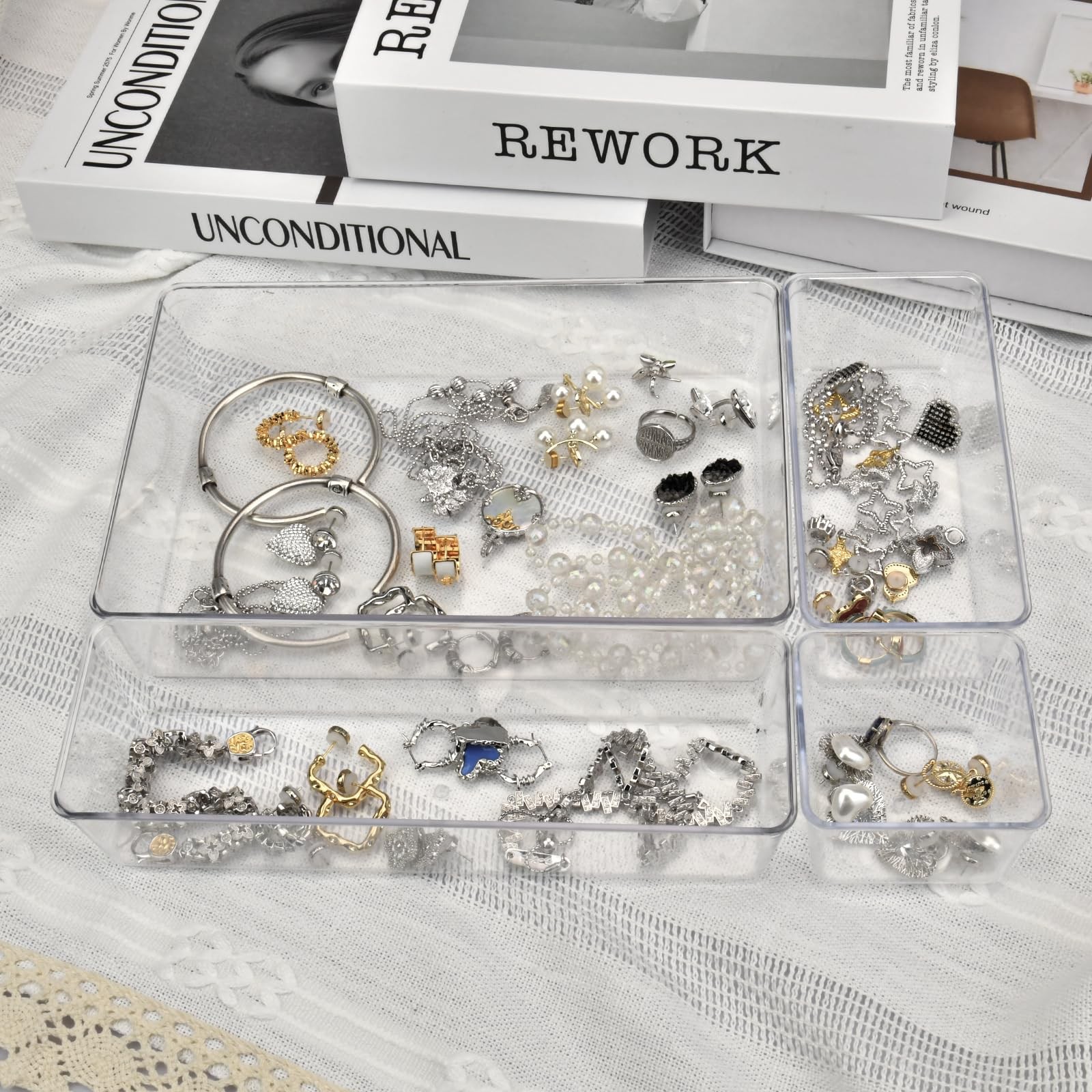15 Piece Clear Drawer Organizer Set 4 Size Plastic Storage Bins for Desk Kitchen