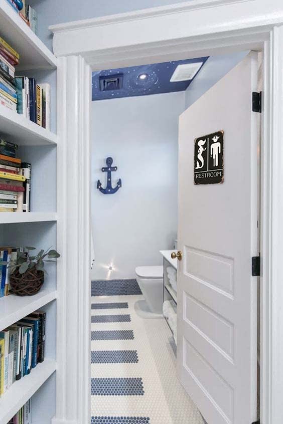 Nautical Restroom Sign – Pirate and Mermaid 12 inches x 8 inches, Vintage