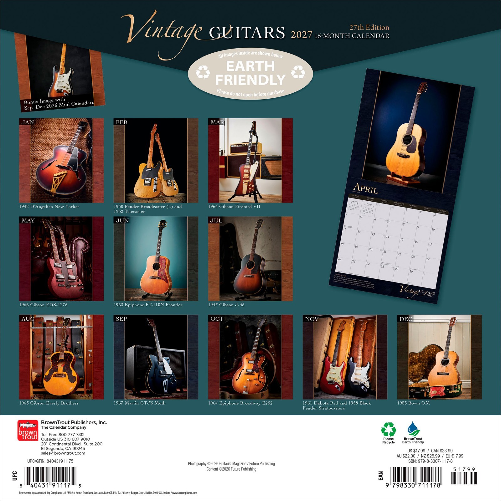 Vintage Guitars | 2027 12×24″ (Hanging) Wall Calendar | Foil Stamped Cover