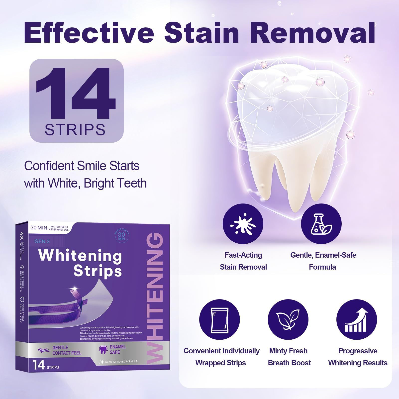 Purple Teeth Whitening Strips, Gentle Daily Use 14 Count (Pack of 2),