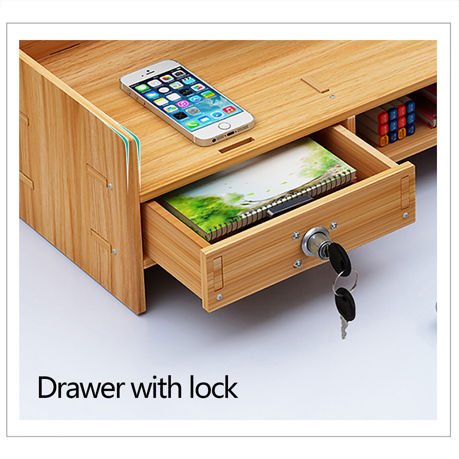 Wooden Desk Organizer with Drawers Office Supplies Computer Desktop Tabletop