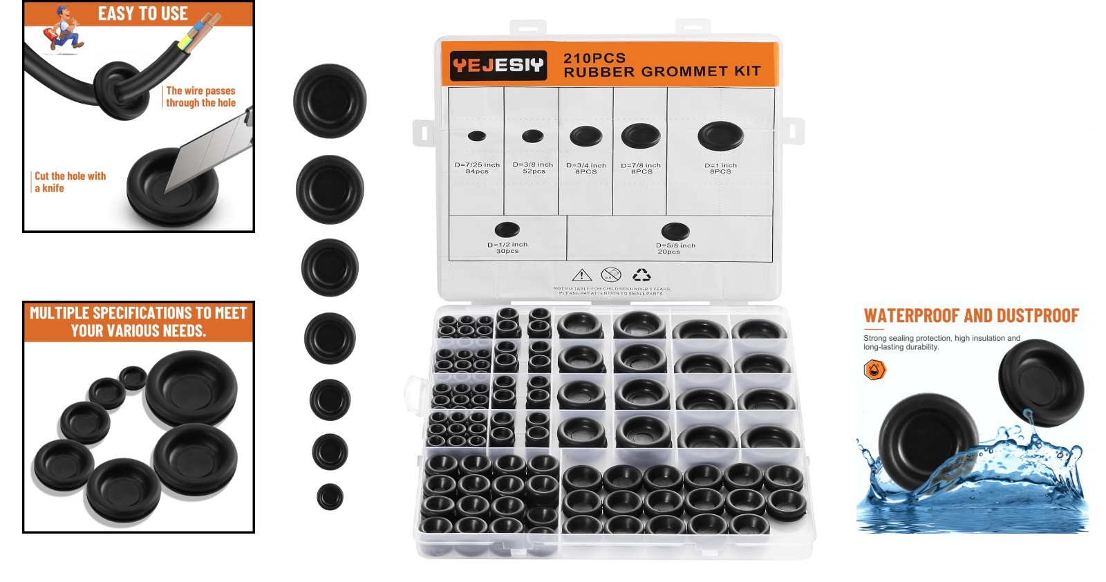 210PCS Rubber Grommet Assortment Kit O Ring Washer Set Rubber Wire Grommets