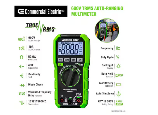 Commercial Electric 600V True RMS Auto Ranging Digital Multimeter W/ Temp