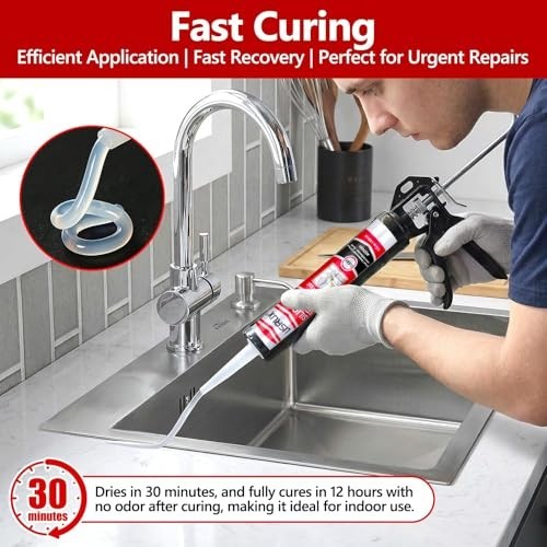 100% Waterproof Silicone Caulk for Kitchen & Bathroom, 10 oz Cartridge, 24 Pack,