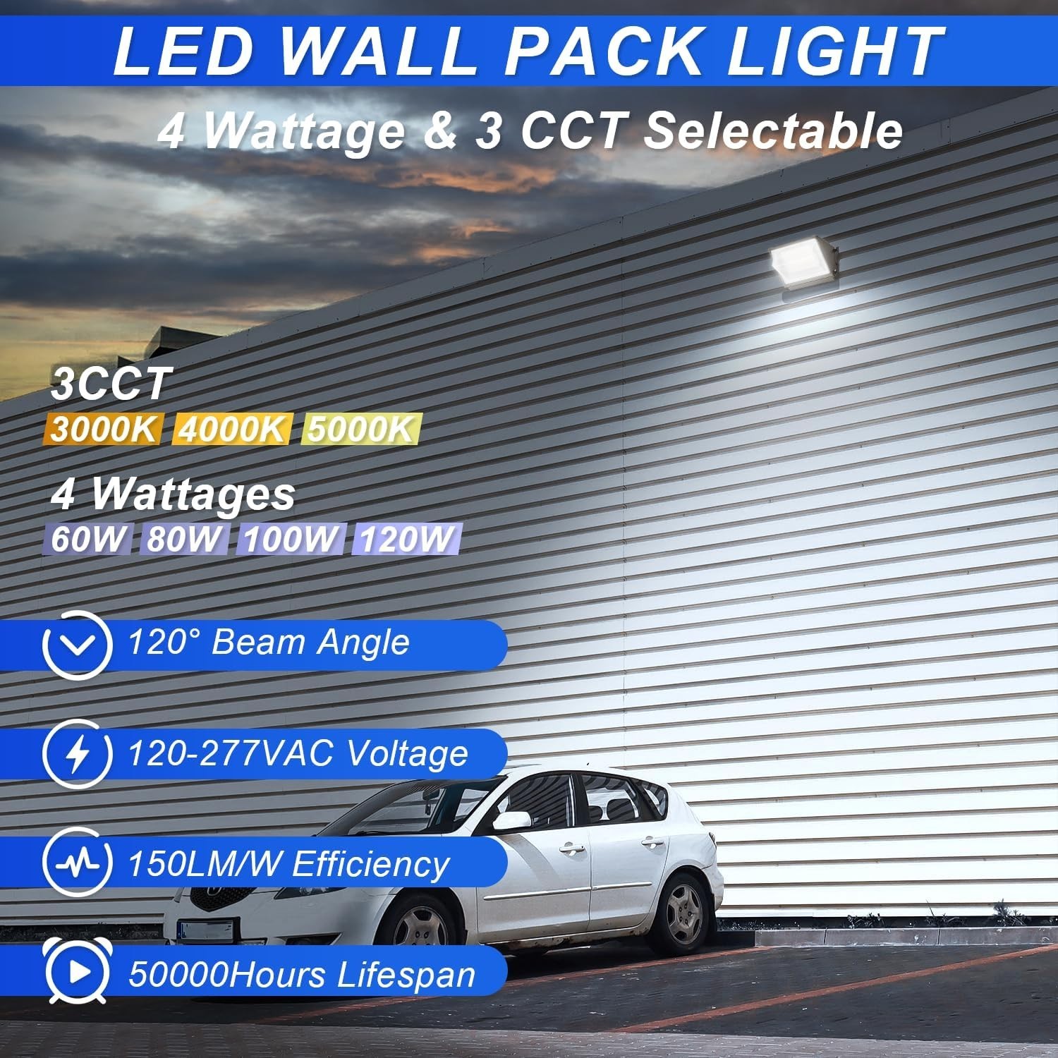 LED Wall Pack Light w/ Photocell 60W-120W Selectable 3CCT IP65 ETL DLC