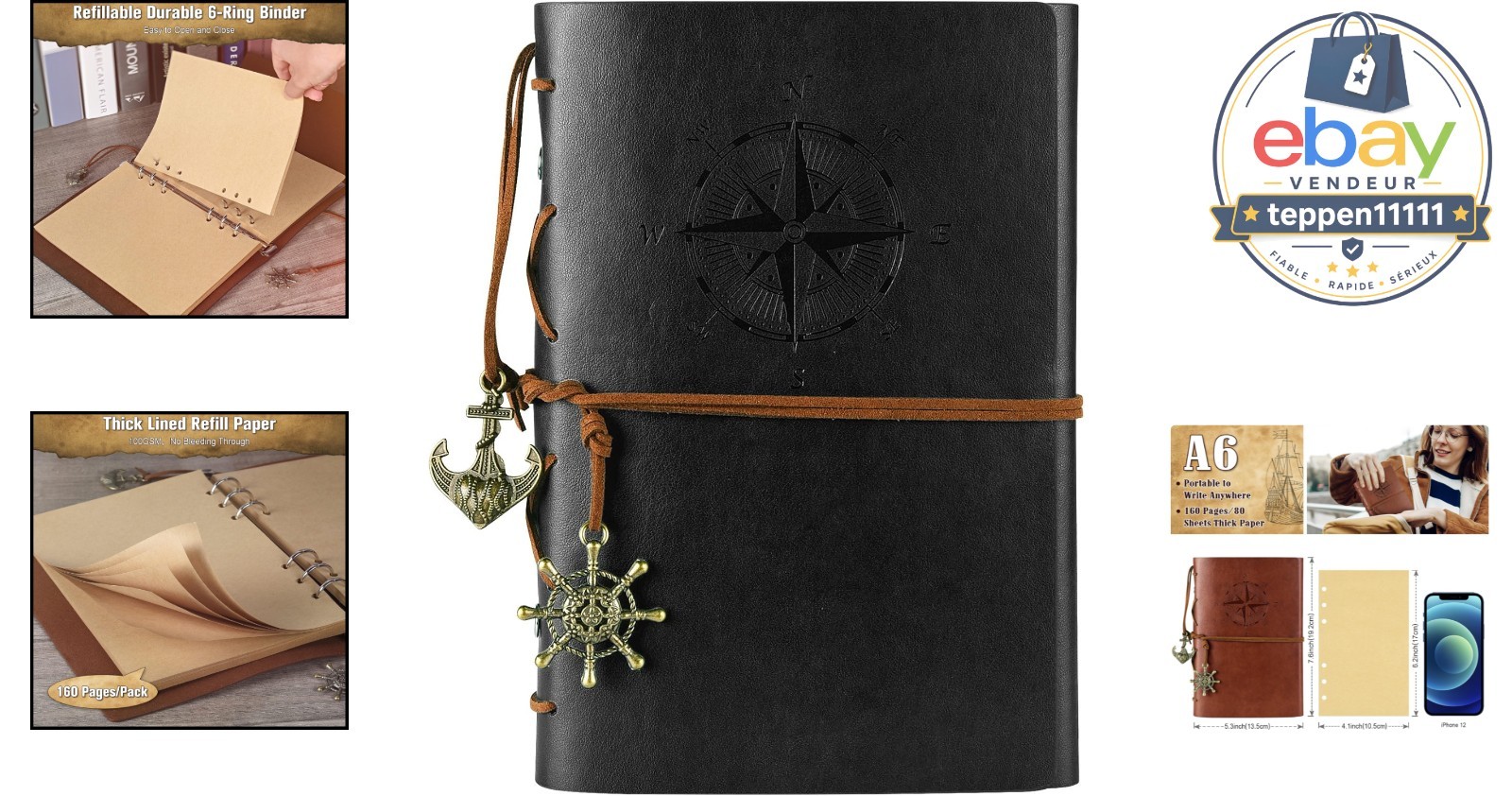 Leather Journal Notebook Black, Spiral Refillable Travel Diary 160 Pages