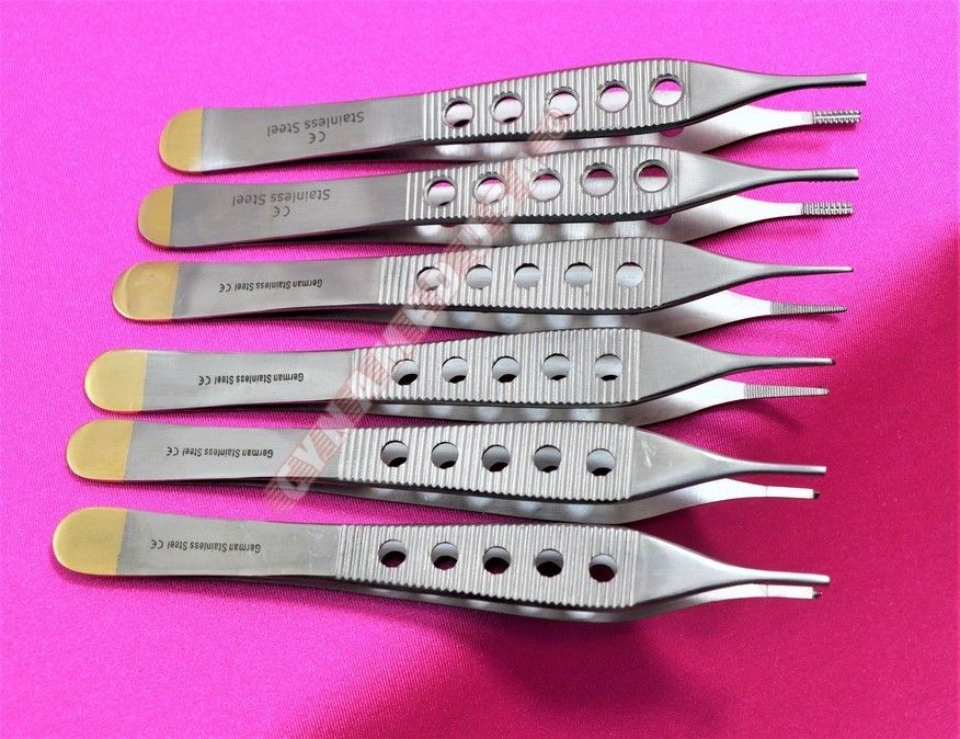 GERMAN 6 GOLD HANDLE ADSON TISSUE+BROWN+DRESSING FORCEPS 4.75″ STRAIGHT FINESTR