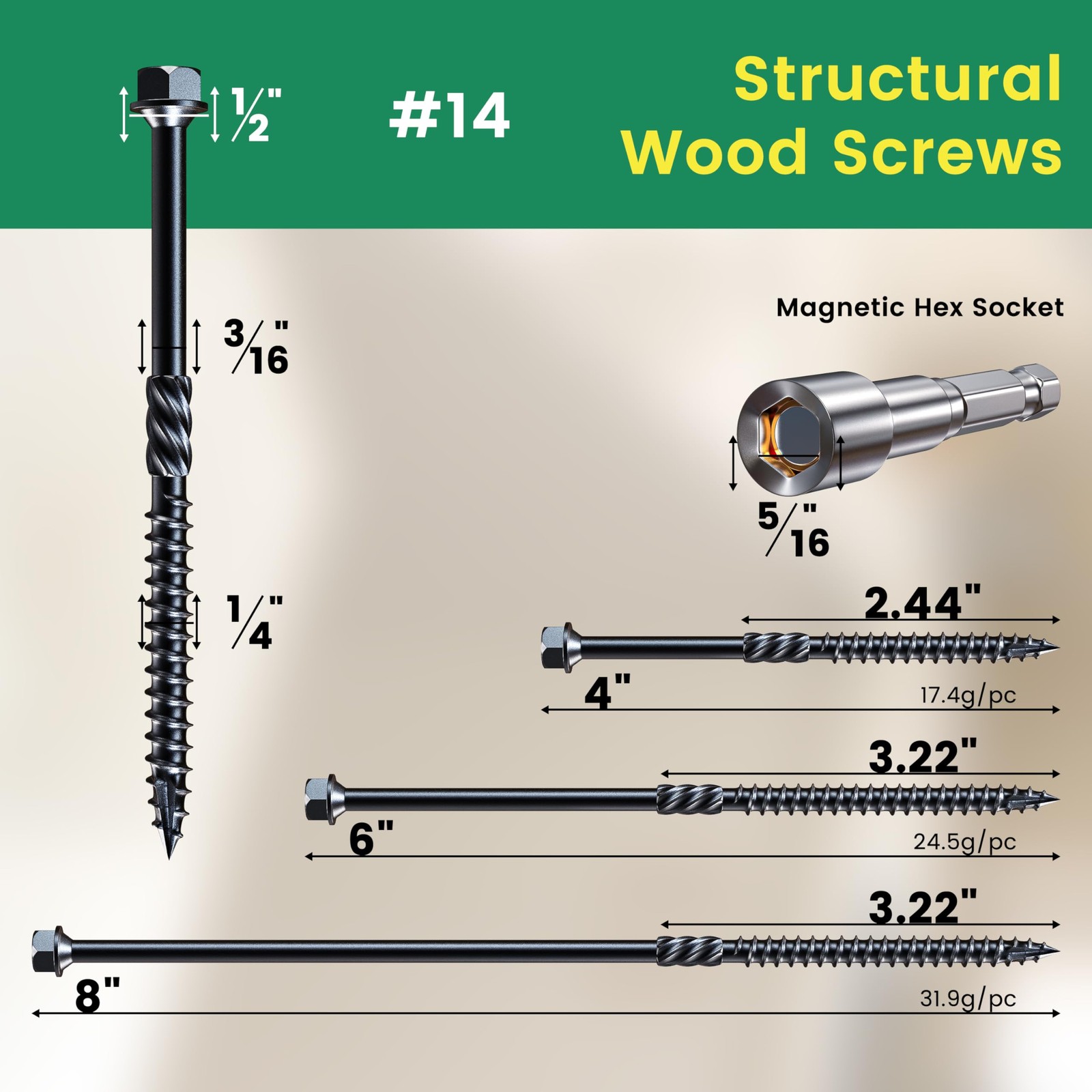 #14 x 4 Wood Structural Screws 50 Pcs, Exterior Hex-Head Lag Screws, Black He…