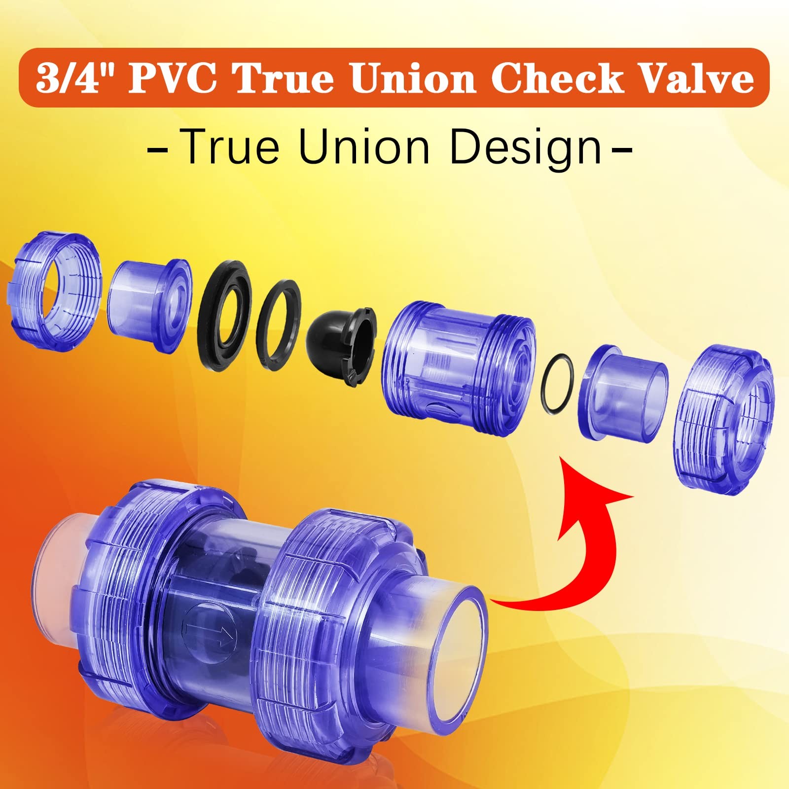 FANOVO 3/4 inch Clear Spring PVC Check Valve, Double Union Slip Inch