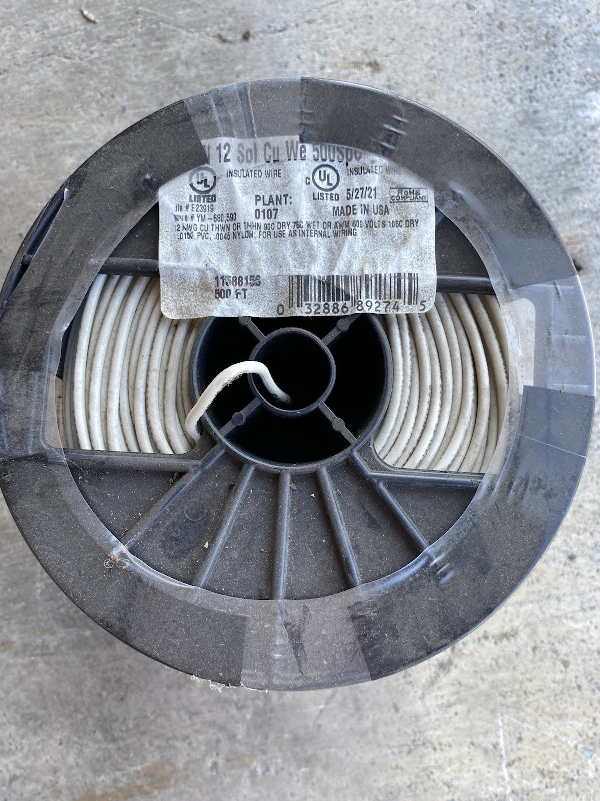 NEW Southwire THHN Building Wire Solid Copper 12 AWG, White, 500 ft.