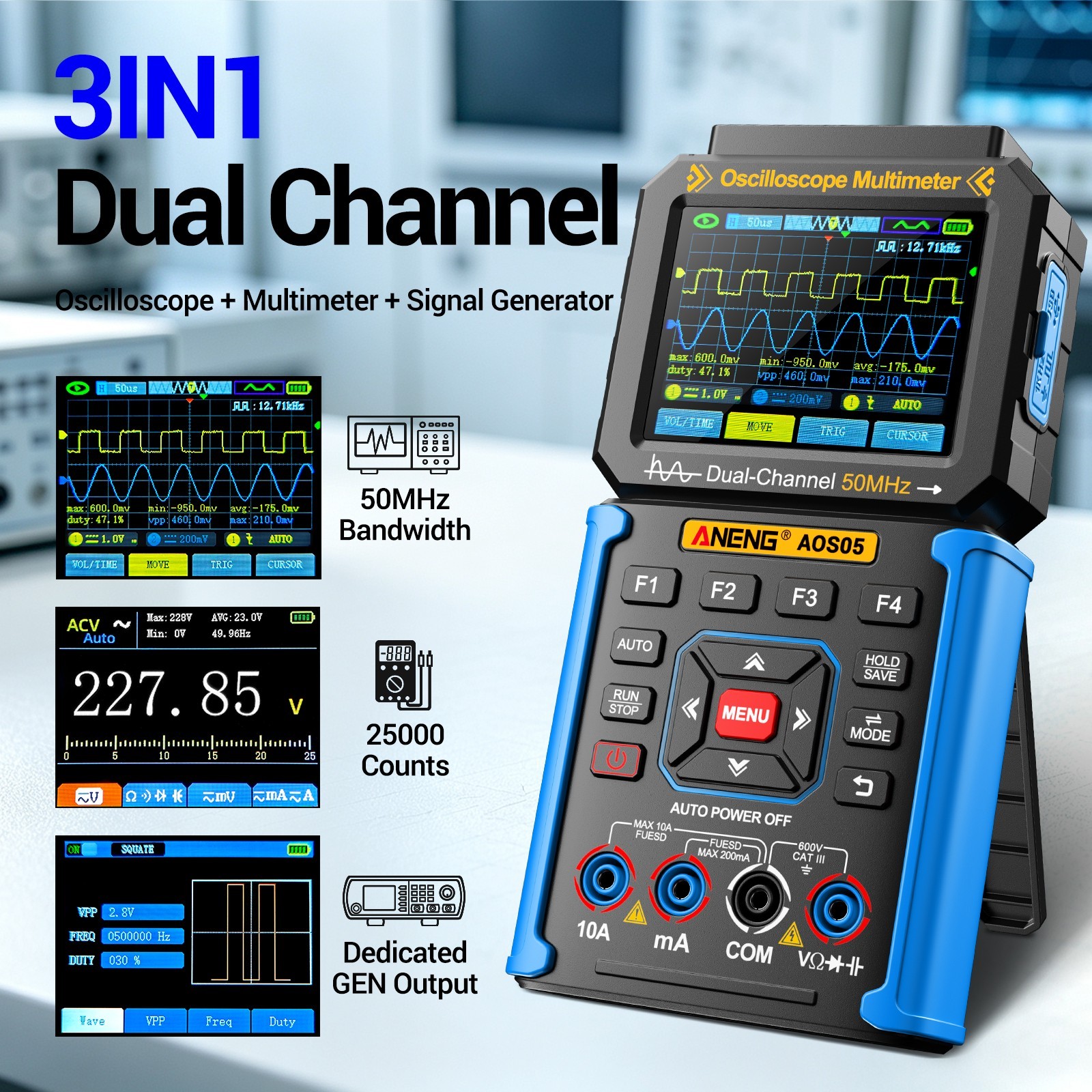 3 IN 1 Digital Handheld Oscilloscope Multimeter Signal Generator 50MHz 200MSa/s