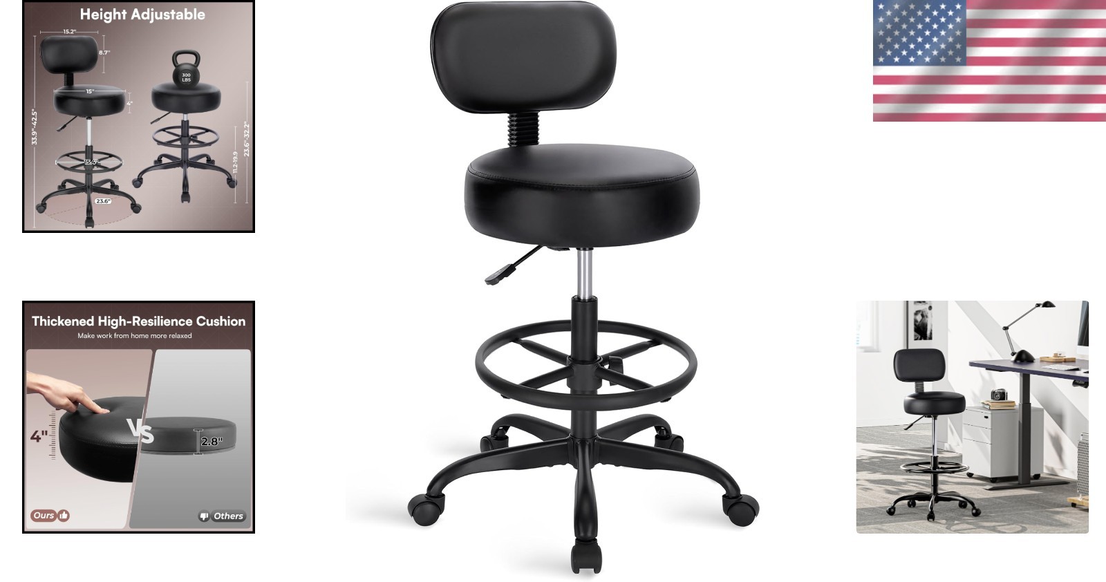 Adjustable Drafting Chair with Back & Foot Rest – All Black
