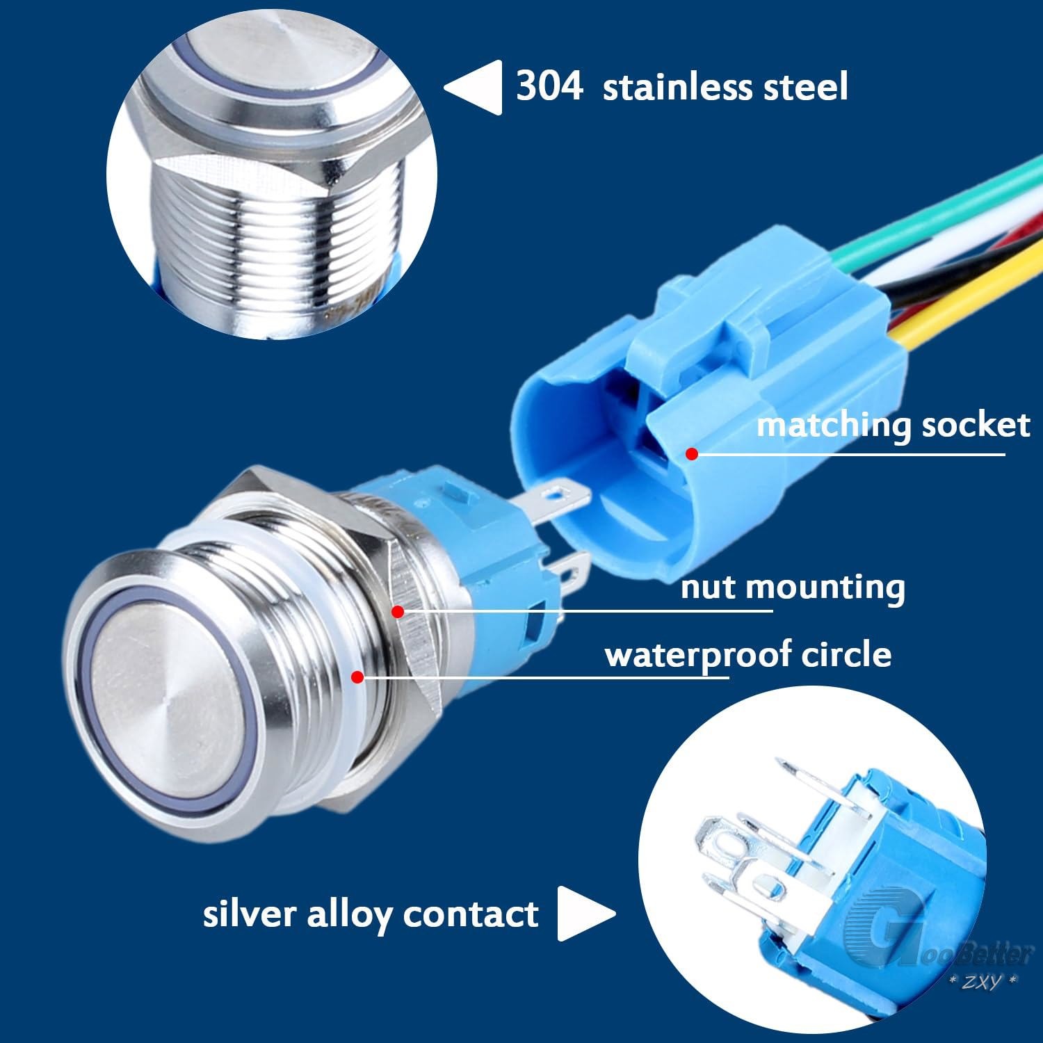 12mm LED ON OFF Waterproof Stainless Steel Latching Push Button Ring Switch