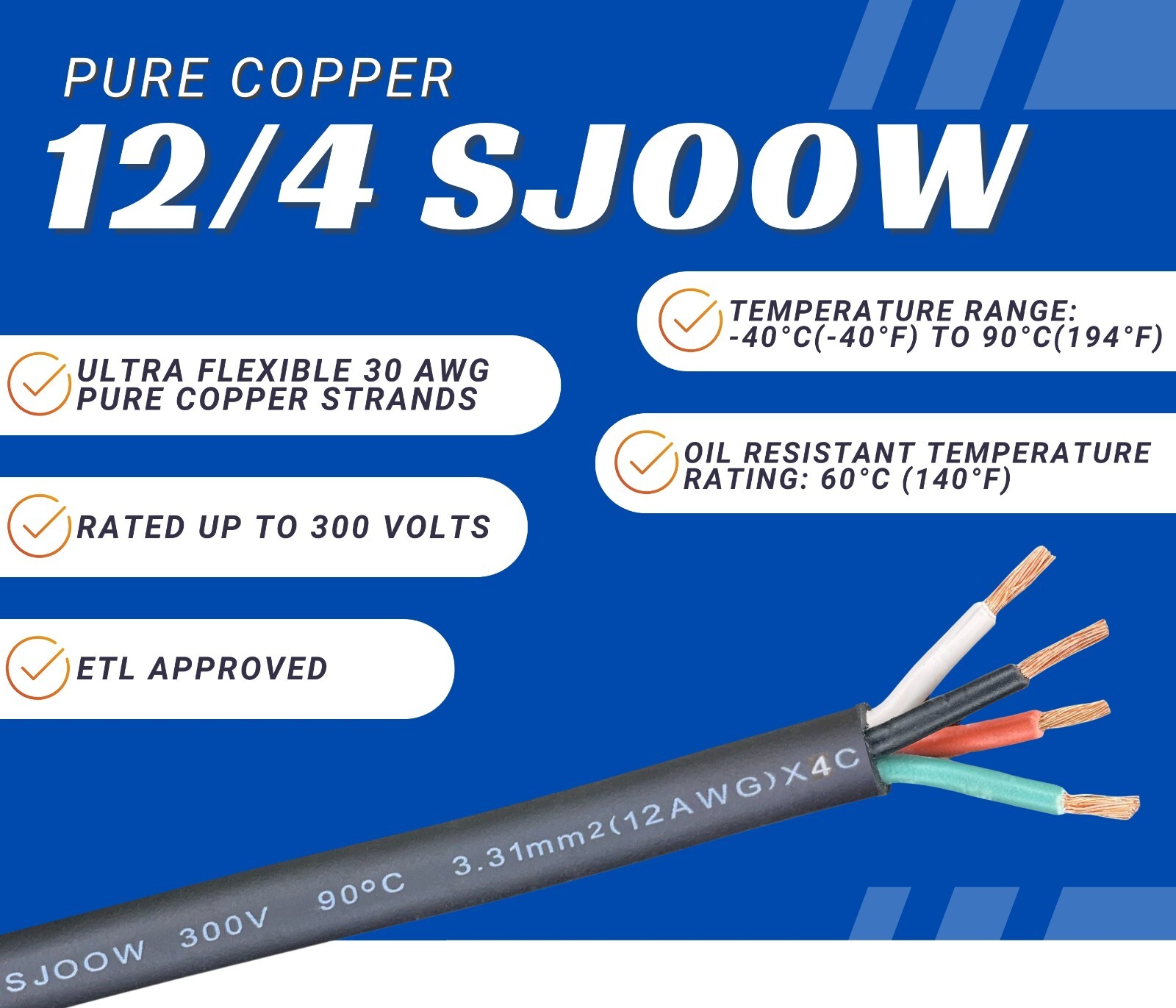 WindyNation 2-DAY SHIPPING 12/4 SJOOW Cable 12 Gauge 4 Conductor 300V Cable Wire