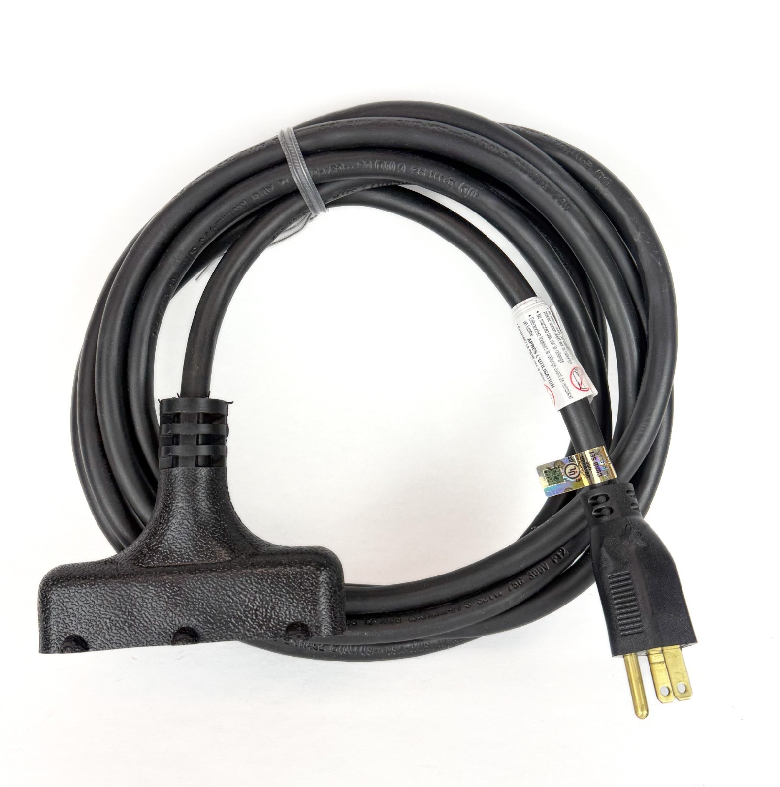 15 ft 12 Gauge Black SJTW Extension Cord – Triple Outlet, USA, Indoor/Outdoor