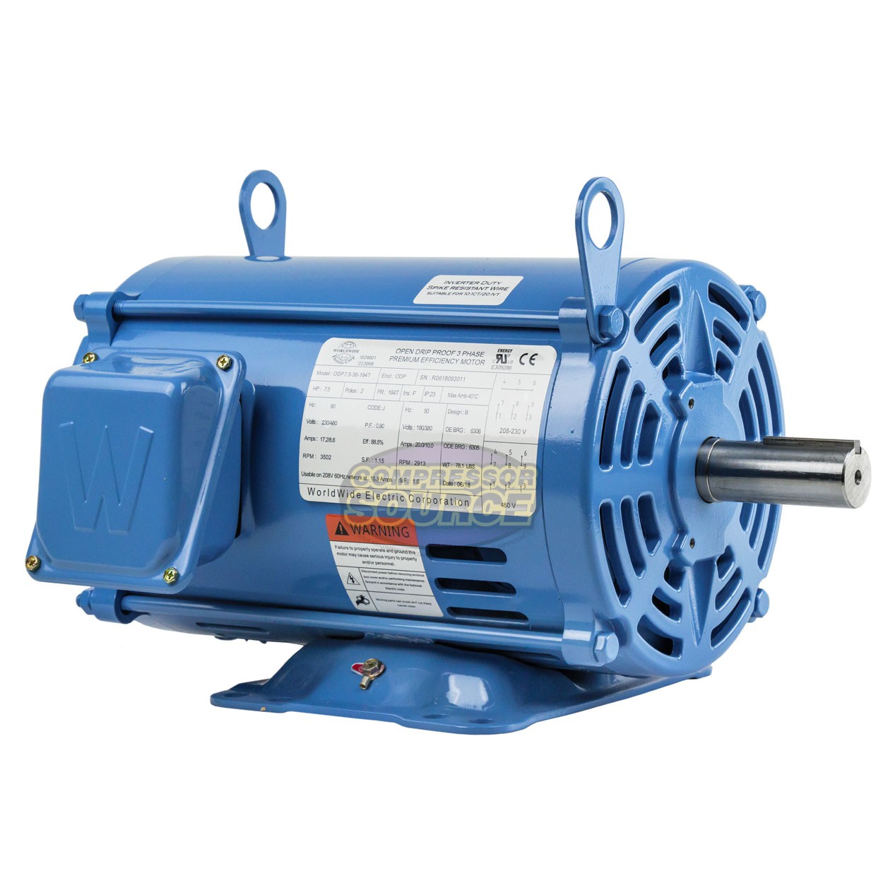 7.5 HP 3 Phase Electric Motor 3500 RPM 184T Frame ODP Open Drip Proof 230/460V