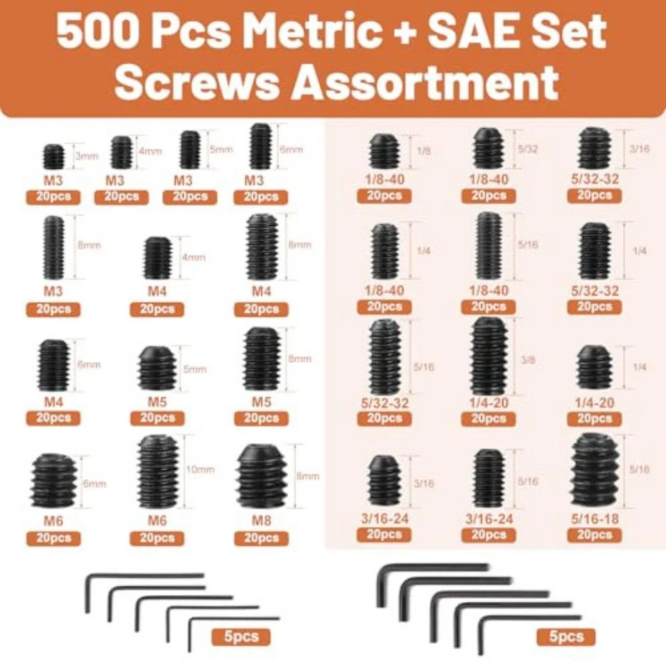 500 Pcs 25 Size Set Screws Metric&SAE Set Screw Assortment Kit 12.9 Alloy Ste…