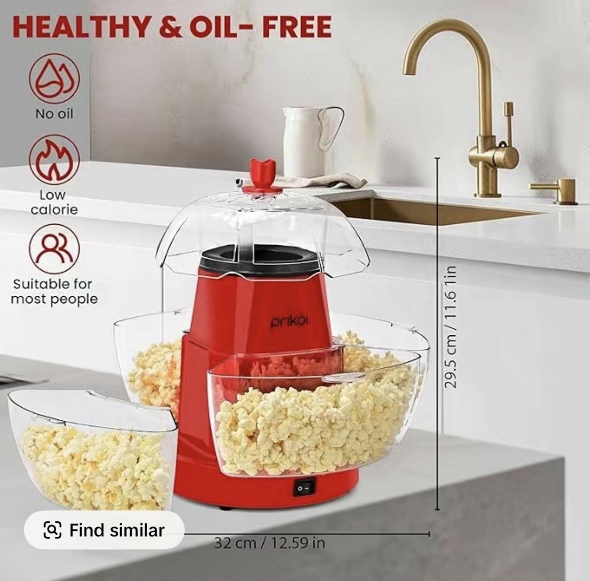SUSTEAS Electric Hot Air Popcorn Popper – Oil-Free Maker with 4 Bowls & Cup, Red