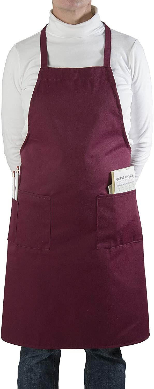 Pack of 2 Restaurant Kitchen Bib Apron, 3-Pocket, Sz 33×28 1/2 Burgundy Maroon