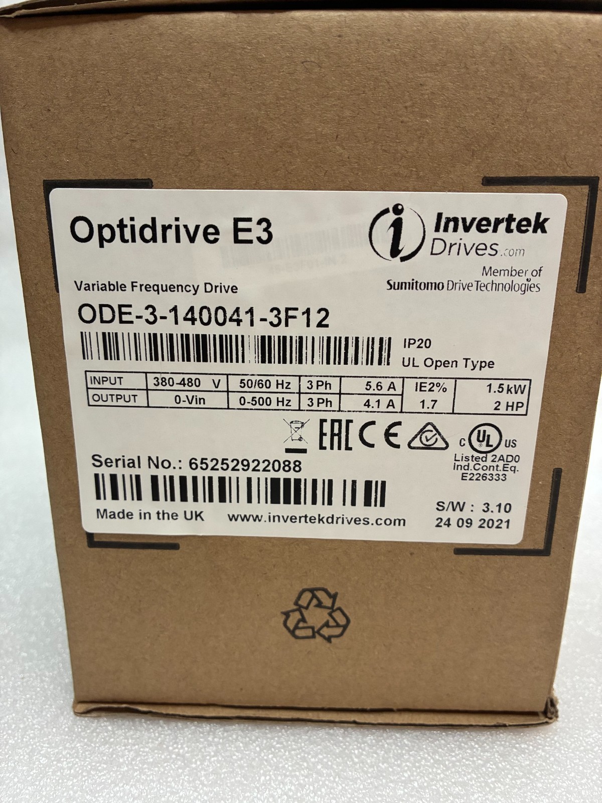 Invertek ODE-3-140041-3F12 Optidrive E3 VFD 2HP 1.5kW 380-480V 3PH NIB