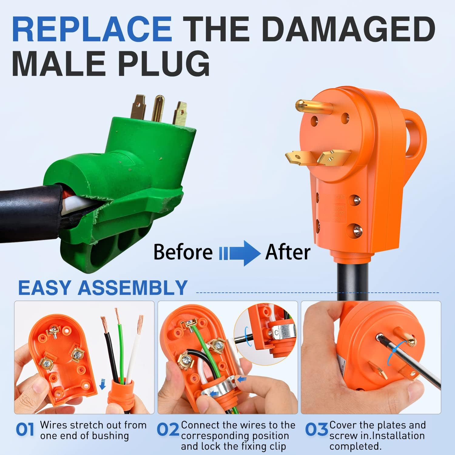 30 Amp RV Replacement Plug 125 Volt Heavy Duty Male with Handle ETL Listed NEMA