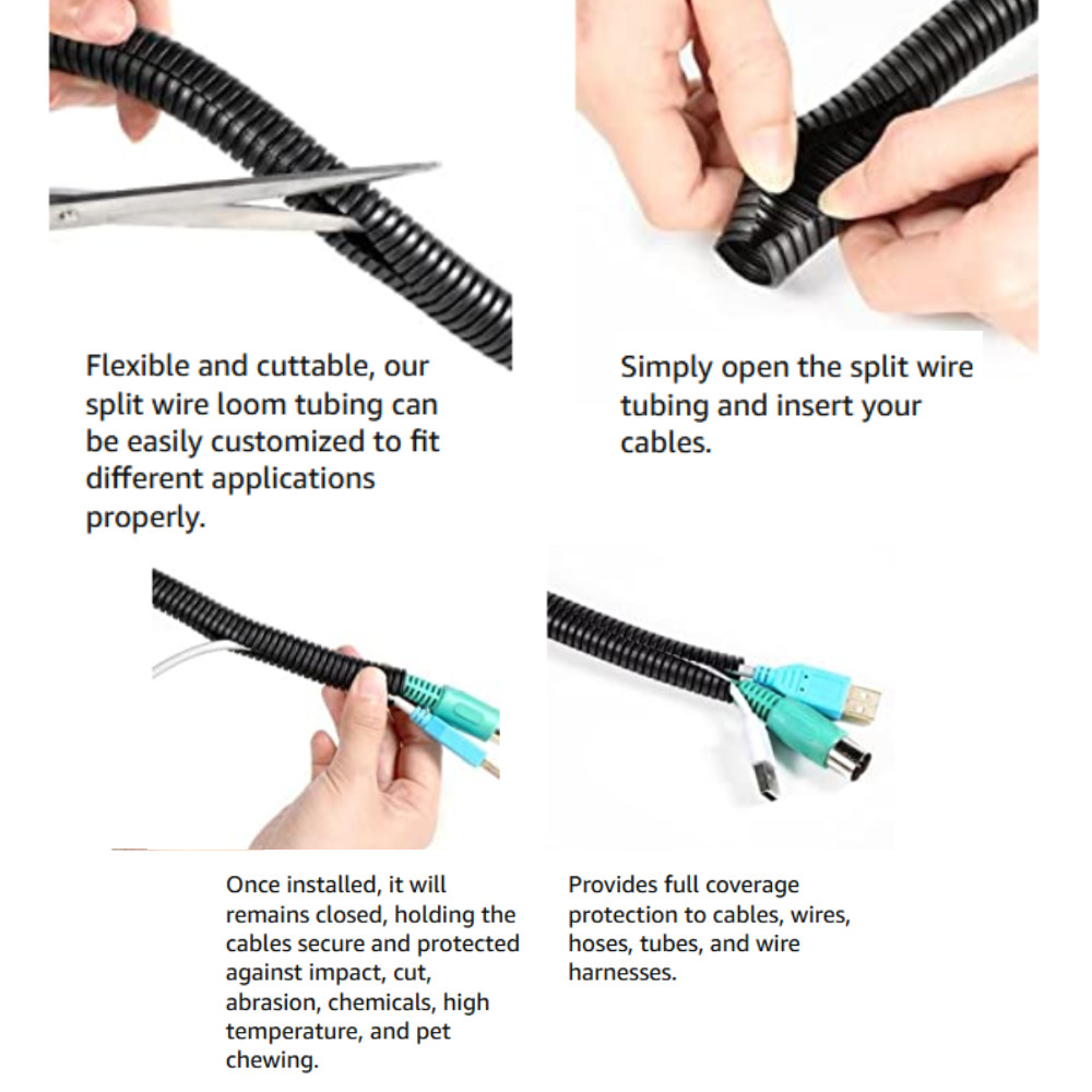 Split Wire Loom A/C line Flexible Conduit Black Heat Resistant Corrugated Tubing