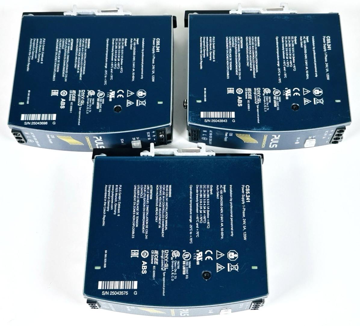 Lot of 3 PULS CS5.241 Power Supply 1-Phase 24V-28V 5A 120W DIN Rail
