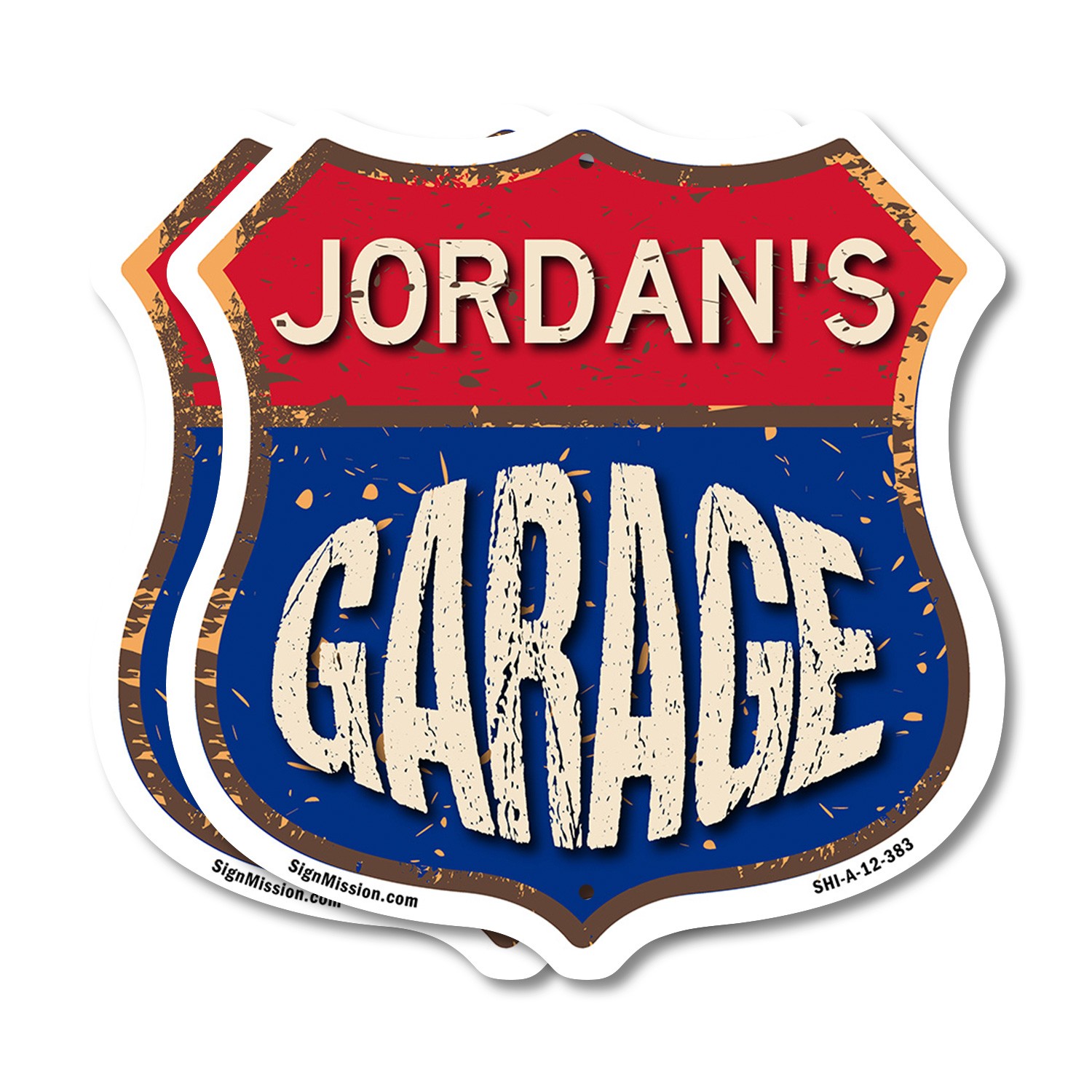 Jordan’s Garage Shield Shaped Sign Weather Resistant Crafted in the USA