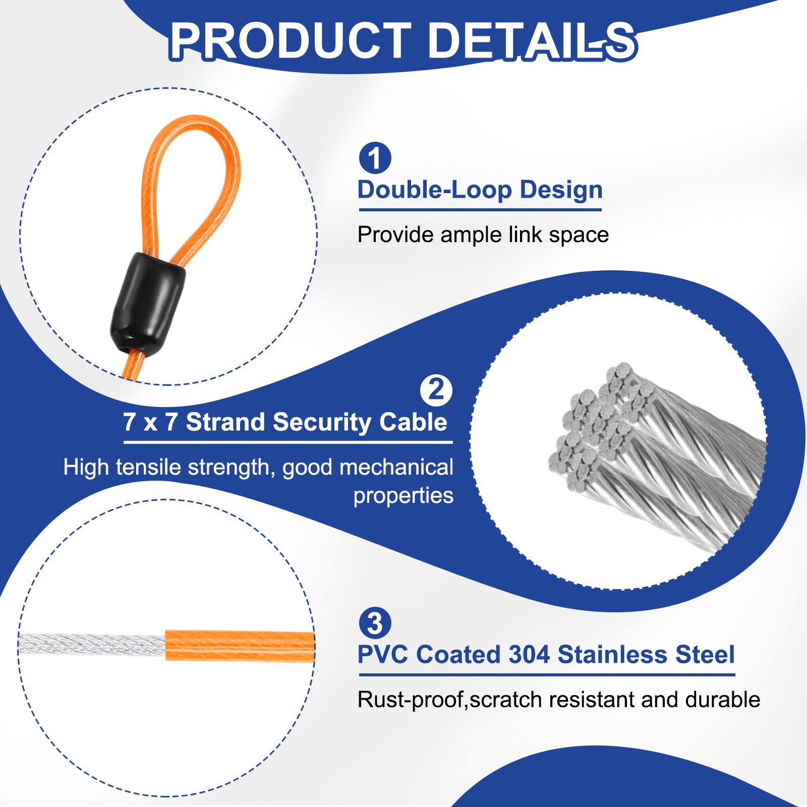1Pcs 4.9ft (59.1″) Security Steel Cable with Snap Hook for Travel, Clear Orange