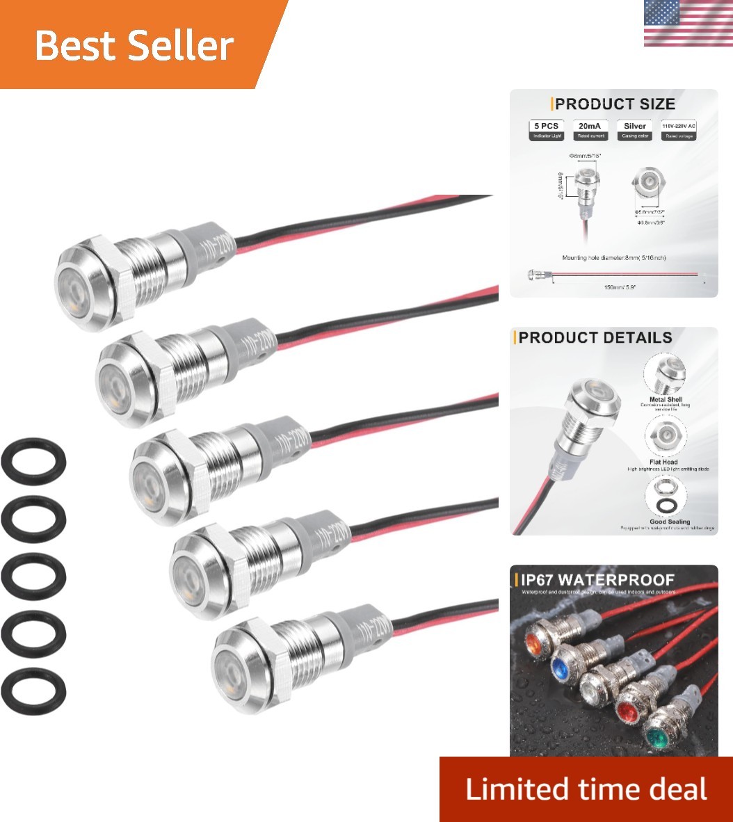 5 Pcs 8mm Nickel-Plated LED Indicator Light with 150mm Cable for 110V-220V
