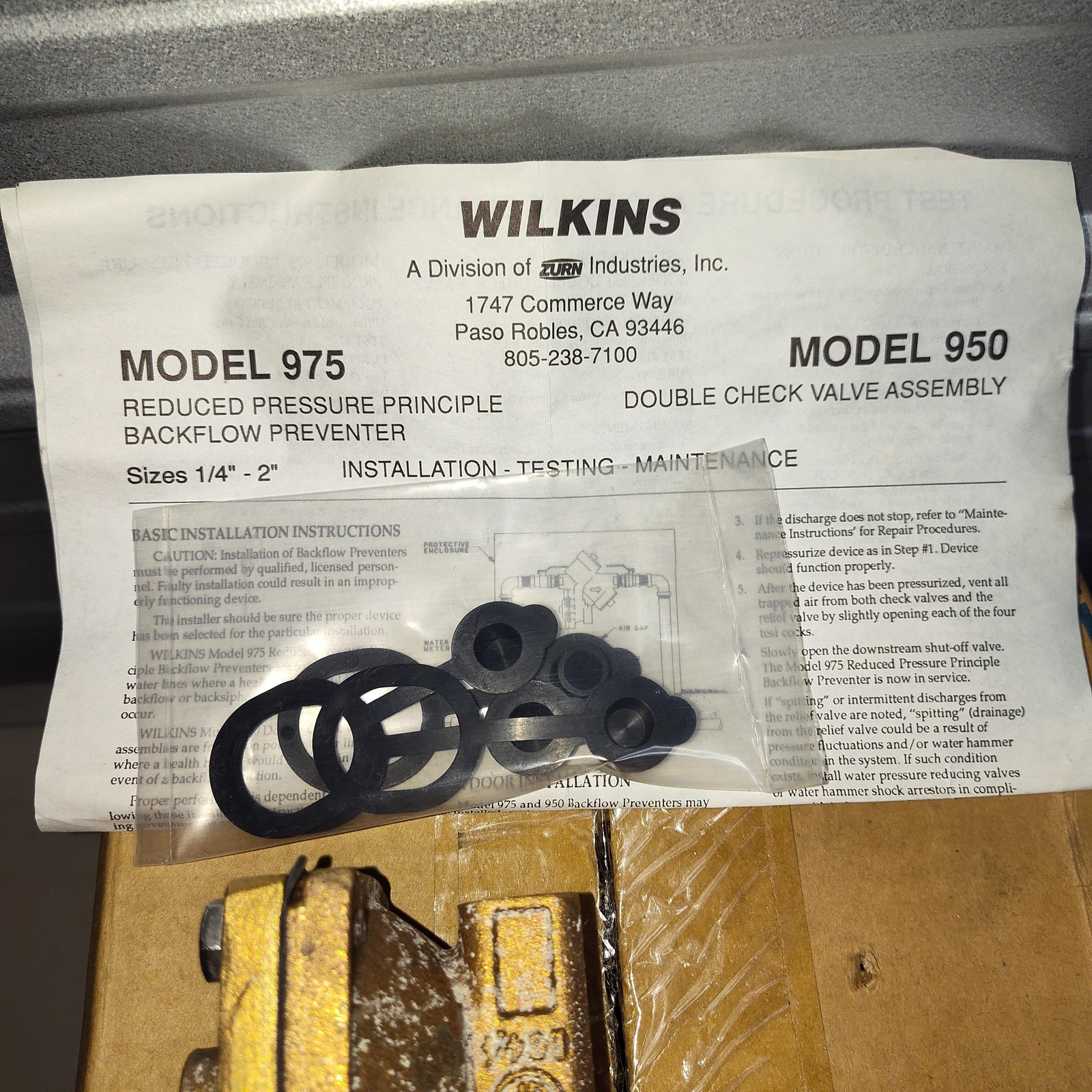 Zurn Wilkins 975XL 3/8in Reduced Pressure Backflow Preventer 38-975XL Brass USA