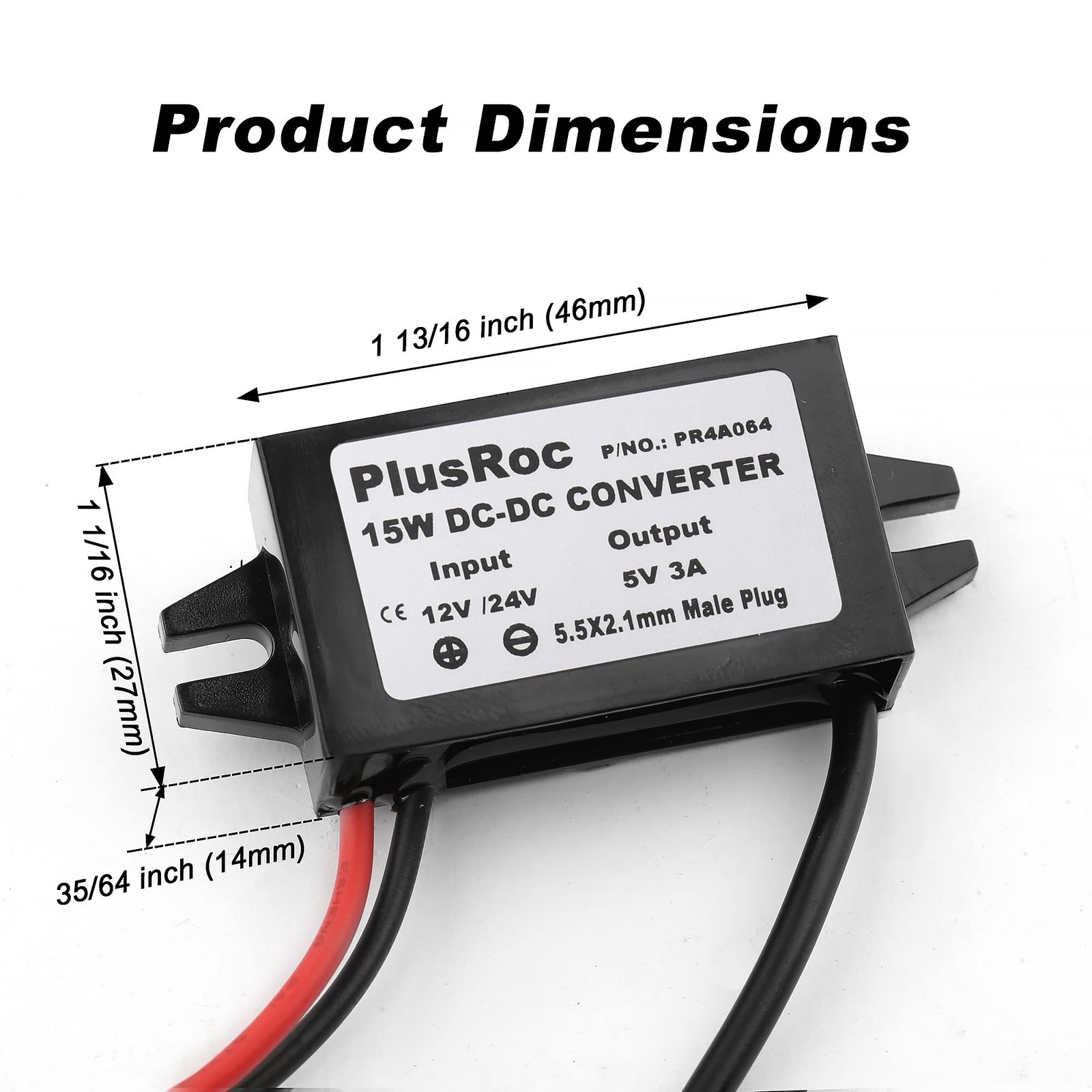 Waterproof DC 12V/24V to 5V 3A Converter, 5.5×2.1mm DC Male Plug