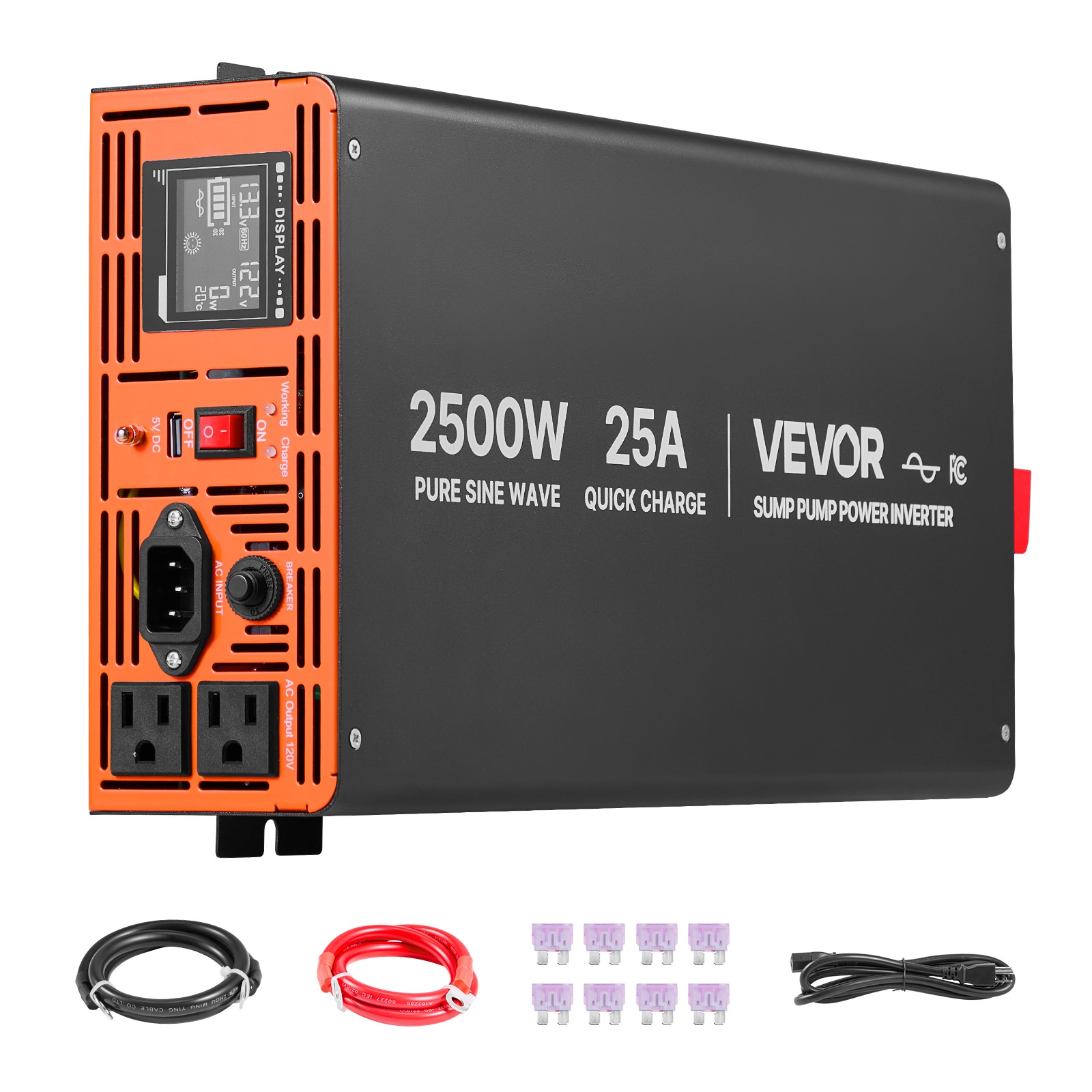 VEVOR 2500W Sump Pump Battery Backup System LCD Pure Sine Wave Power Inverter