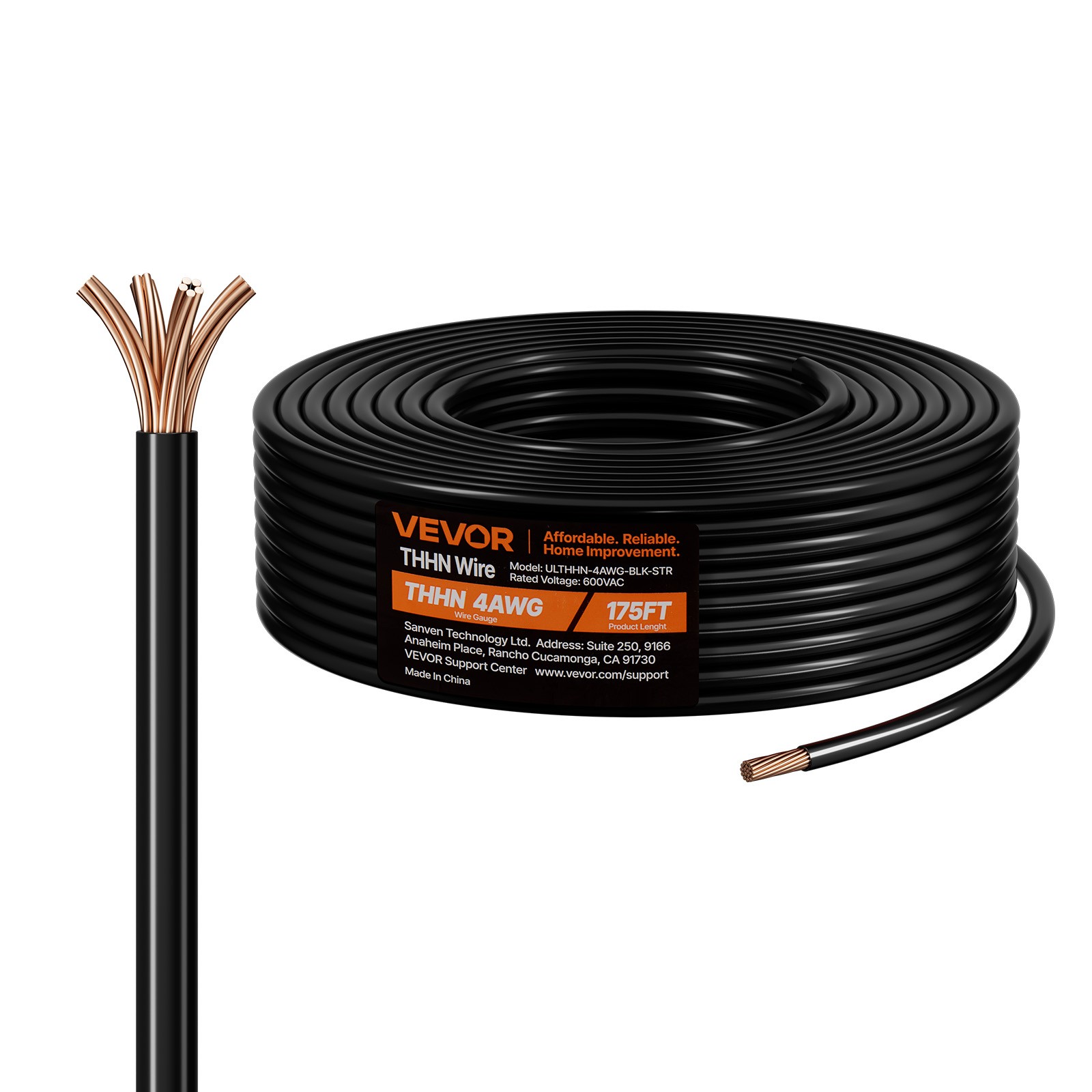 VEVOR 4 AWG THHN Wire 19-Stranded Black Copper Building Wire Nylon Jacket 175 ft