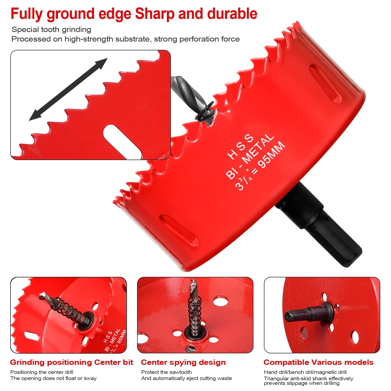 Hole Saw 3 3/4” (95mm) for Wood and Plastic, HSS Bi-Metal 3-3/4″(95mm), Red