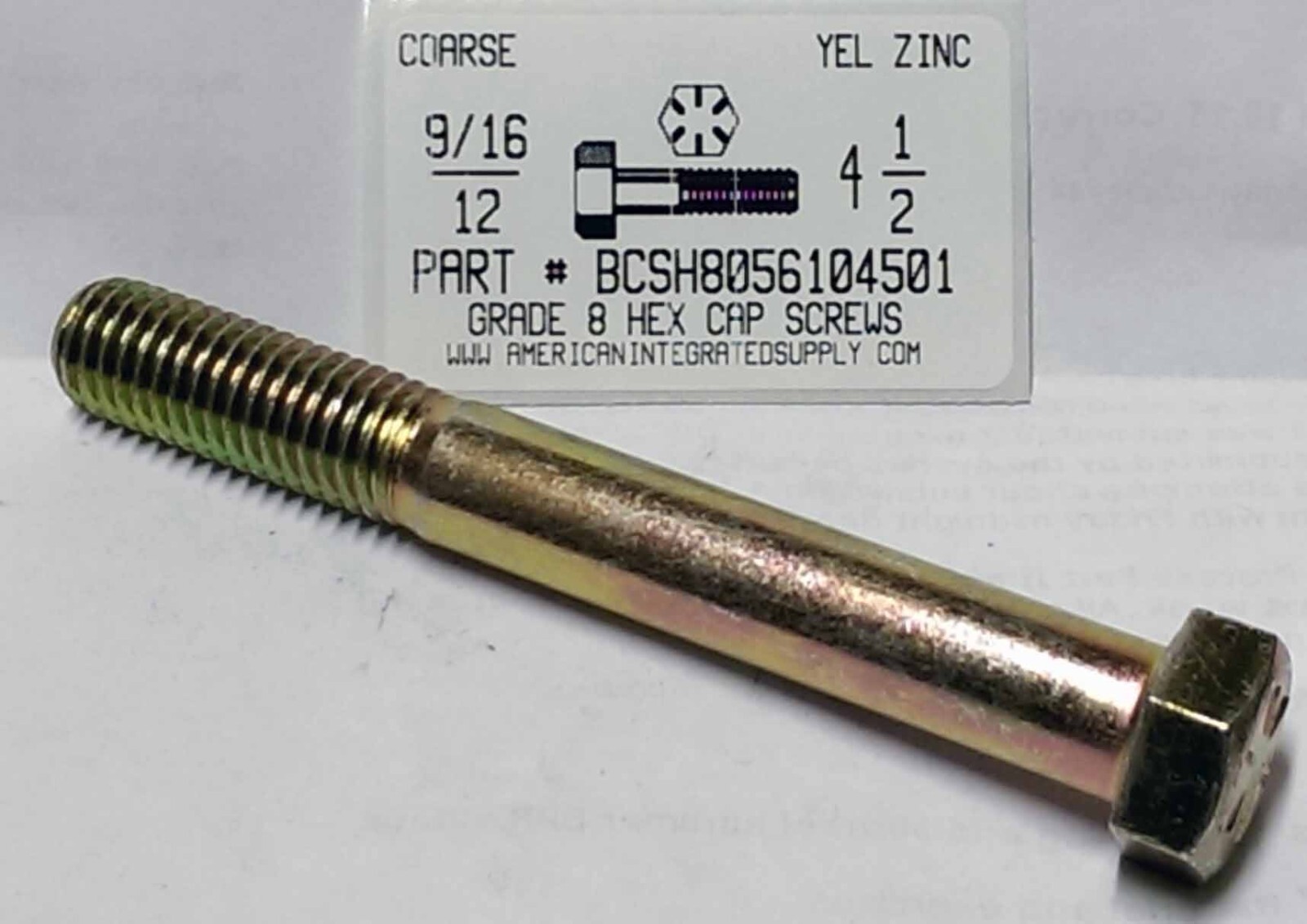 9/16-12×4-1/2 Hex Head Cap Screws Grade 8 Steel Zinc Yellow Plated (10)