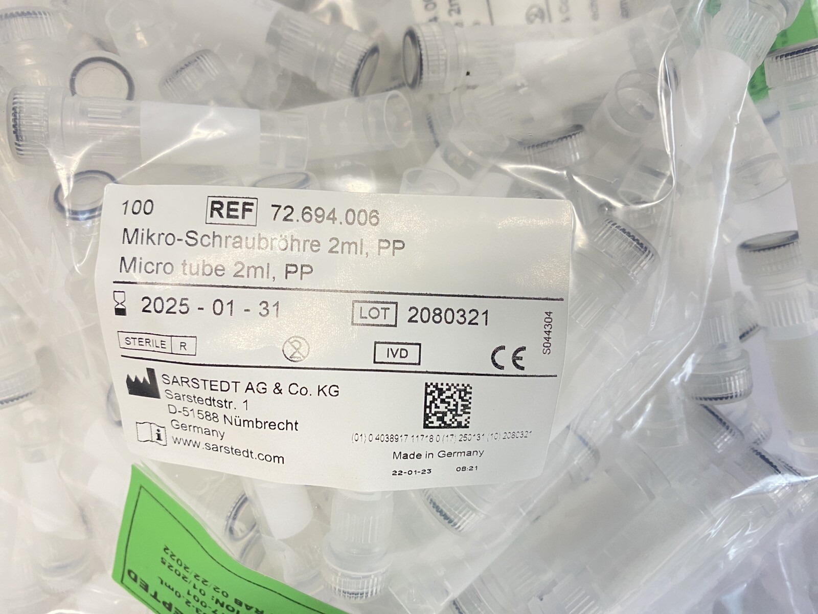 (900 Pcs) SARSTEDT 2mL PP Micro Centrifuge Tubes w/ Screw Caps Conical Bottom