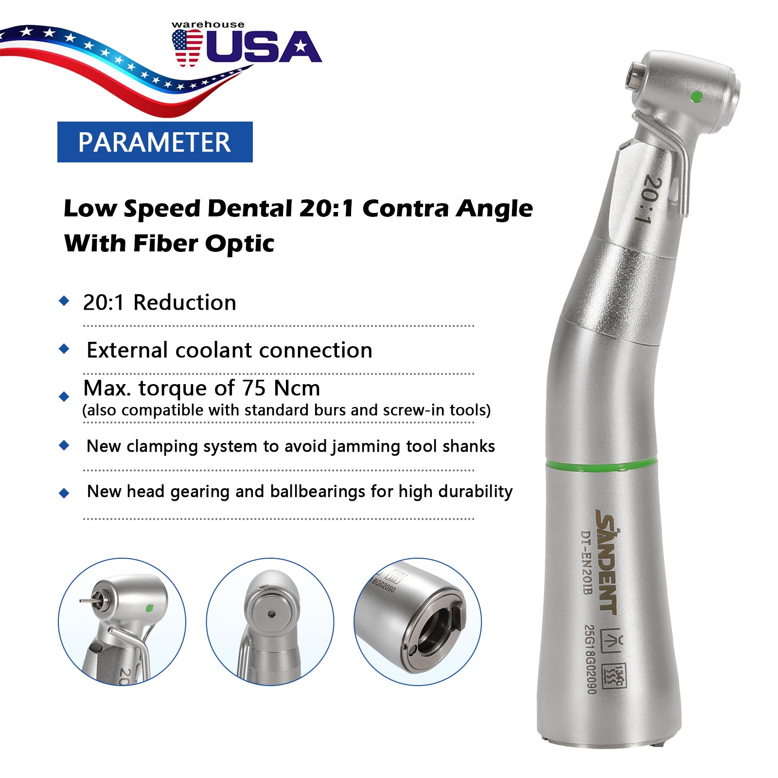 LED SANDENT 20:1 Contra Angle Fiber Optic Electric Handpiece External Spray